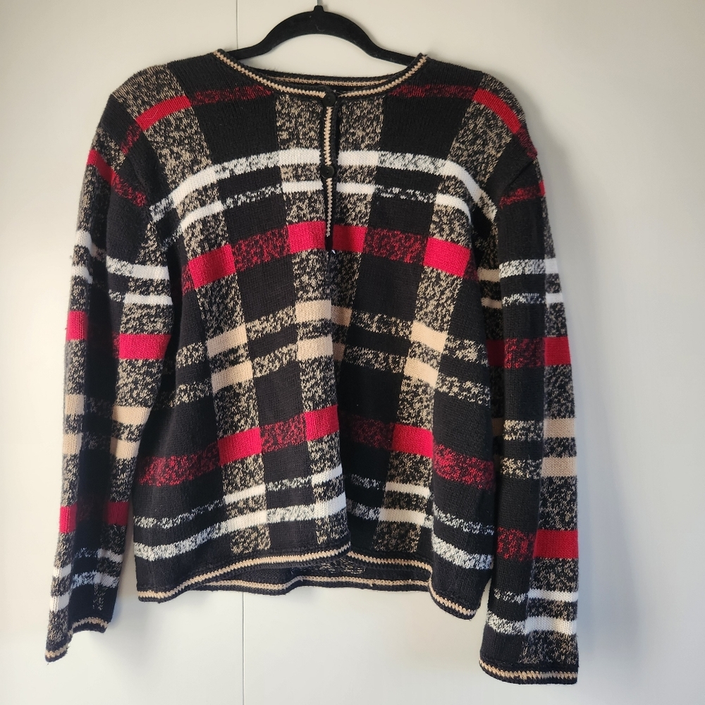 Christopher & Banks Plaid Knit Sweater Large Red Black Beige